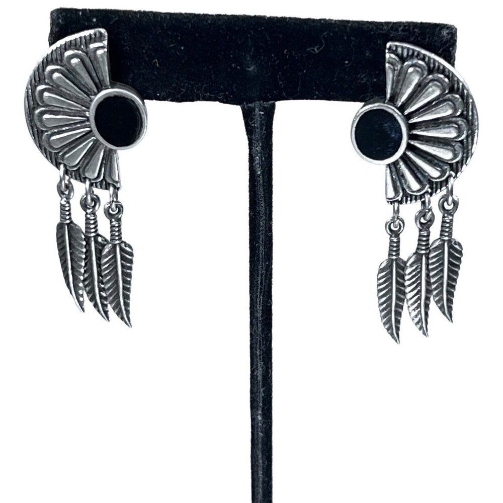 Vtg 1989 Ege Pewter Earrings Marked Feather Black Onyx Stone Pierced Half Moon